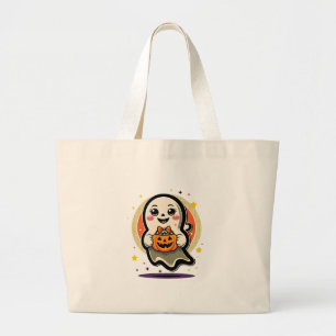 Bolsa Tote Grande Fantasma Fofo Segurando Balde de Doces de Abóbora