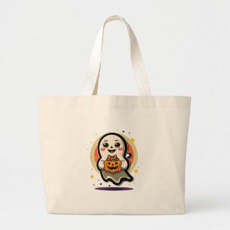 Bolsa Tote Grande Fantasma Fofo Segurando Balde de Doces de Abóbora