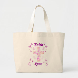 Bolsa Tote Grande Fé e Amor Cruz de Rosas com Borboleta Rosa