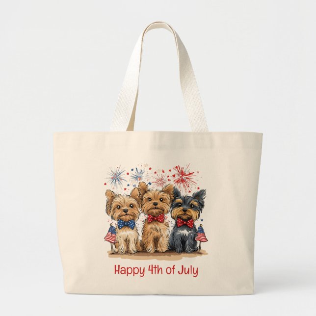 Bolsa Tote Grande Feliz 4 De Julho Yorkshire Terrier Dogs (Frente)