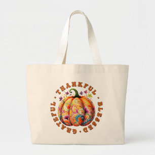 Bolsa Tote Grande Feliz, Abençoado, Grata Pumpkin Floral
