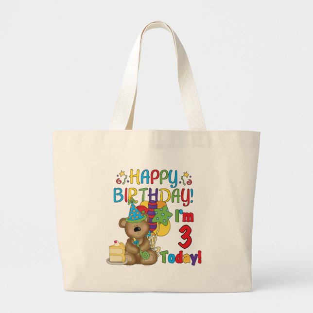 Bolsa Tote Grande Feliz aniversário Teddy Bear 3º Camisetas e presen (Frente)