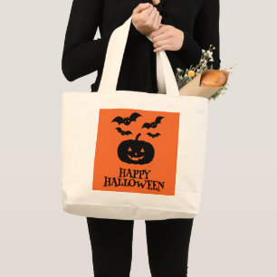 Bolsa Tote Grande Feliz Bat Mínimo de Abóbora de Halloween
