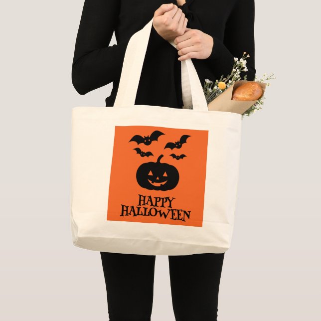 Bolsa Tote Grande Feliz Bat Mínimo de Abóbora de Halloween (Frente (produto))