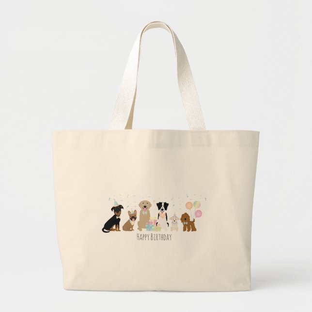 Bolsa Tote Grande Feliz Cachorro de Festa de Aniversário (Frente)