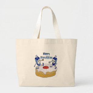 Bolsa Tote Grande Feliz Hanukkah Dançando Dreidels Jelly Doughnut