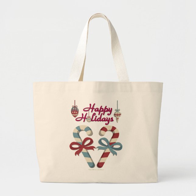 Bolsa Tote Grande Feliz Holidays Candy Cane Heart (Frente)