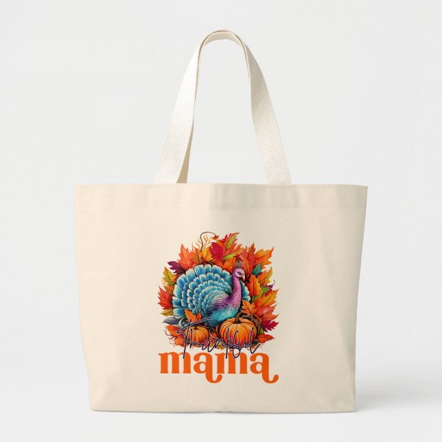 Bolsa Tote Grande Feliz Mama Turquia e Autumn Leaves Foliage (Frente)