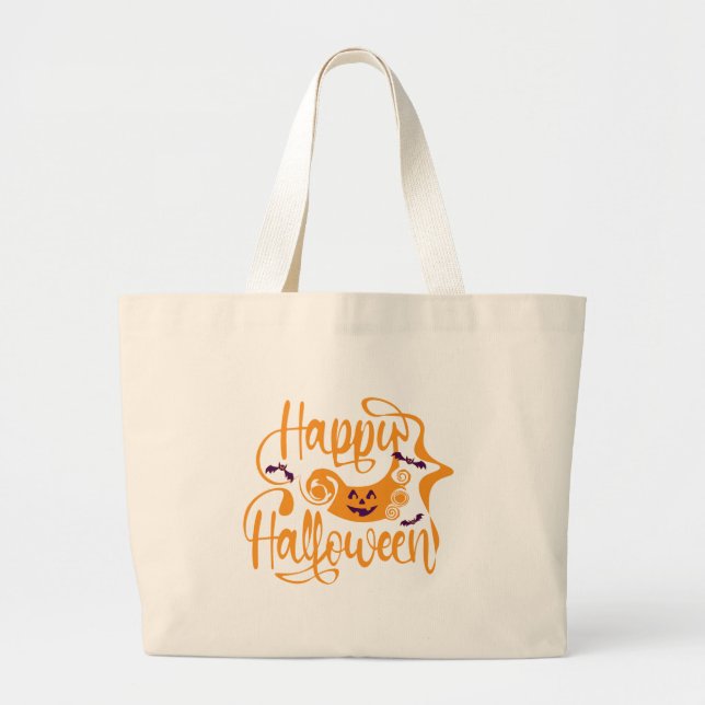 Bolsa Tote Grande Feliz morcego de Halloween jack ou lanterna (Frente)