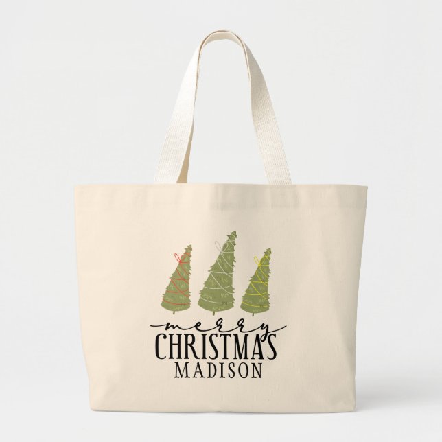 Bolsa Tote Grande Feliz Natal Árvores Modernas Férias de Script (Frente)