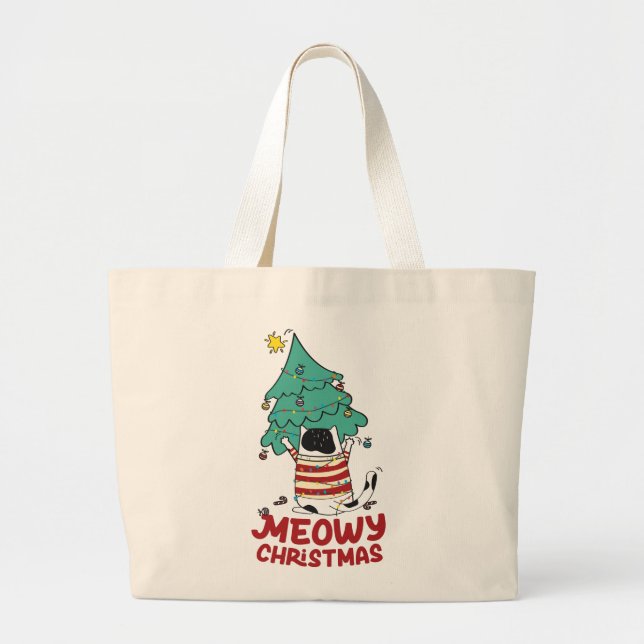 Bolsa Tote Grande Feliz Natal Engraçado Pão de Gato (Frente)