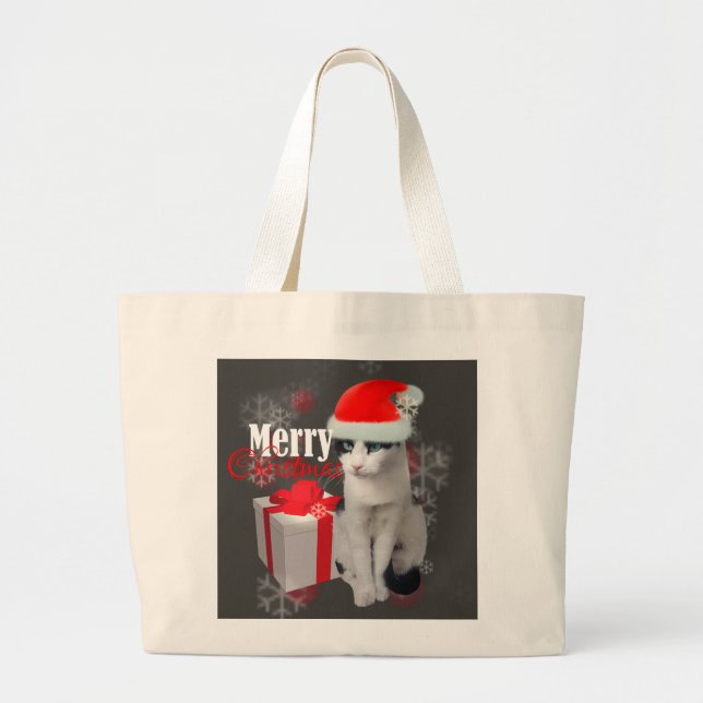 Bolsa Tote Grande Feliz Natal Gato e Pacote (Frente)