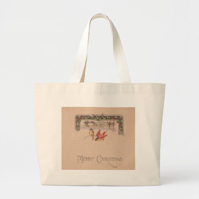 Bolsa Tote Grande Feliz Natal Pássaros Vintage (Frente)