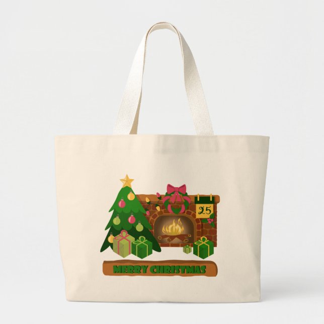 Bolsa Tote Grande Feliz Natal perto da árvore de Natal de lareira bo (Frente)