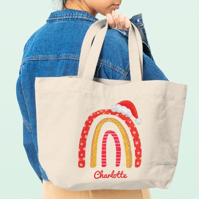 Bolsa Tote Grande Feliz Natal Santa Hat Rainbow Personalizado Tot (Criador carregado)