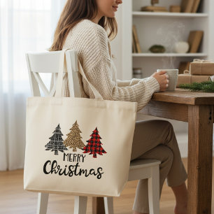 Bolsa Tote Grande Feliz Natal Xadrez Árvores de Natal