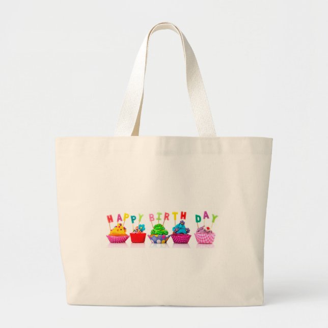 Bolsa Tote Grande Felizes Cupcakes de aniversário (Frente)