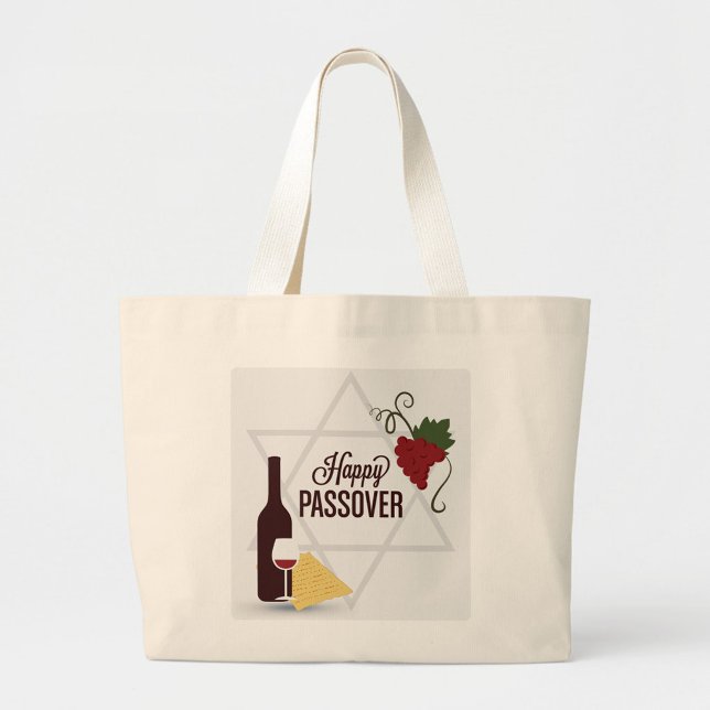 Bolsa Tote Grande Feriado Judaico (A digital illustration on a cream-colored canvas tote bag depicts a Passover-themed graphic.)