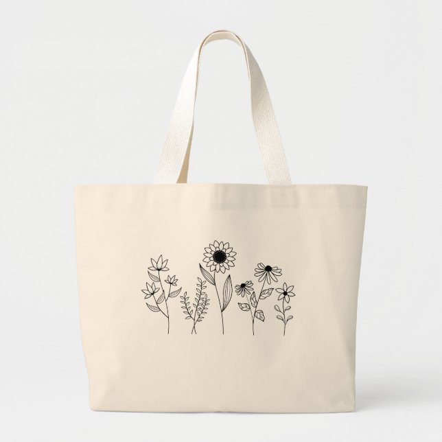 Bolsa Tote Grande Fila de Sistemas Florais Arte da Linha de Boho (Frente)