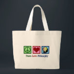 Bolsa Tote Grande Filosofia de Paz e Amor<br><div class="desc">O presente de Natal da Filosofia do Amor pela Paz para um filósofo que se formou em estudos filosóficos na faculdade. Expresse seus pensamentos sobre nossa existência. Um presente bonito para um professor ou professor de filosofia. Possui um sinal de paz, coração, e a mente humana.</div>