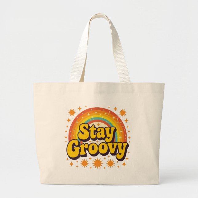Bolsa Tote Grande Fique groovy citação arco-íris boho (Frente)