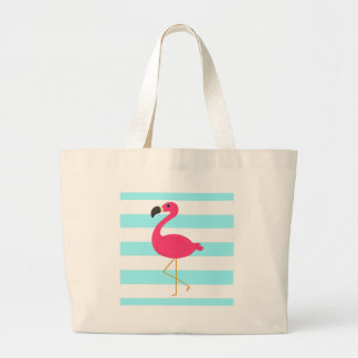 Bolsa Tote Grande Flamingo cor-de-rosa em listras claras da cerceta