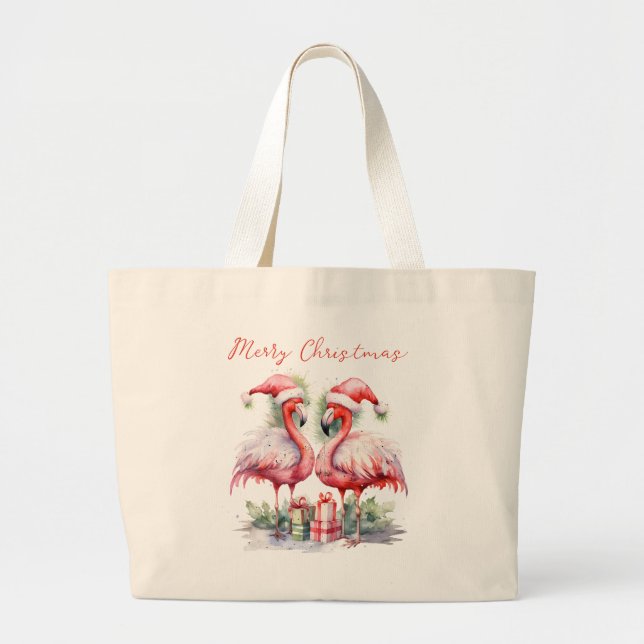 Bolsa Tote Grande Flamingos Rosa Feliz Natal (Frente)