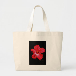 Bolsa Tote Grande Flor rosa vermelha quente do hibiscus no preto