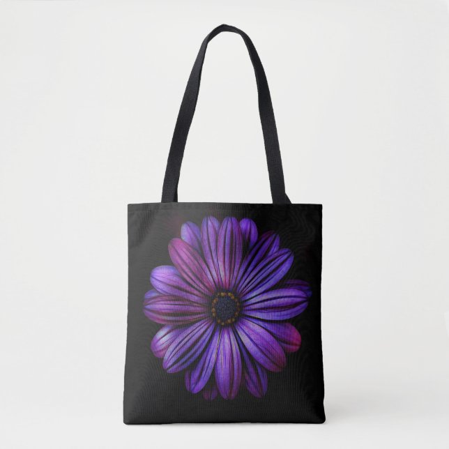 Bolsa Tote Grande flor roxa no preto (Frente)