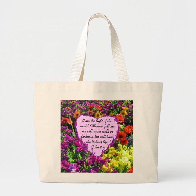 Bolsa Tote Grande FLORAL bonito JOHN 8:12 FOTO DESIGN (Frente)