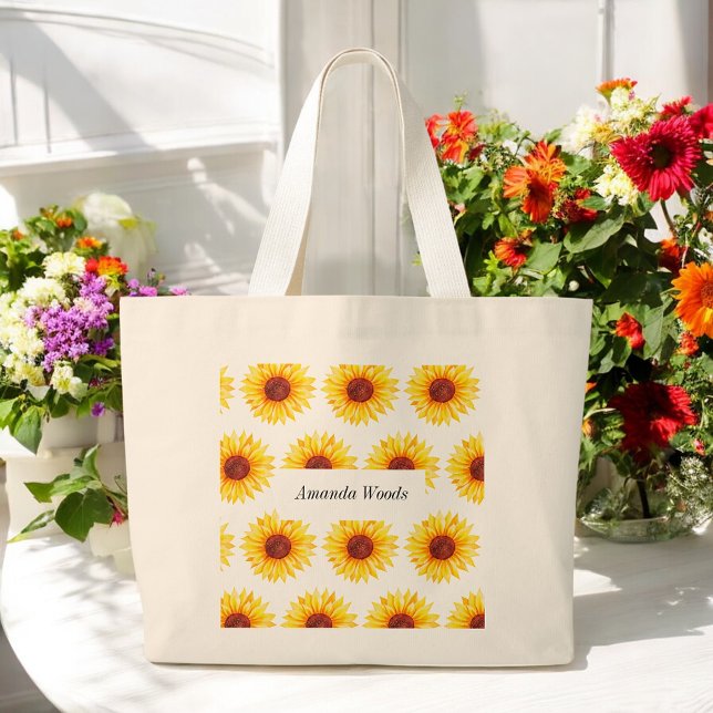 Bolsa Tote Grande Floral Branco Amarelo Sunflower (Criador carregado)