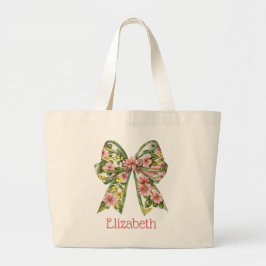 Bolsa Tote Grande Floral Pink and Green Watercolor Bow Personalized