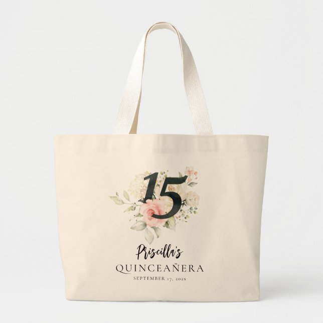 Bolsa Tote Grande Floral Quinceanera 15 Birthday Keepsasaafilasofilo (Frente)