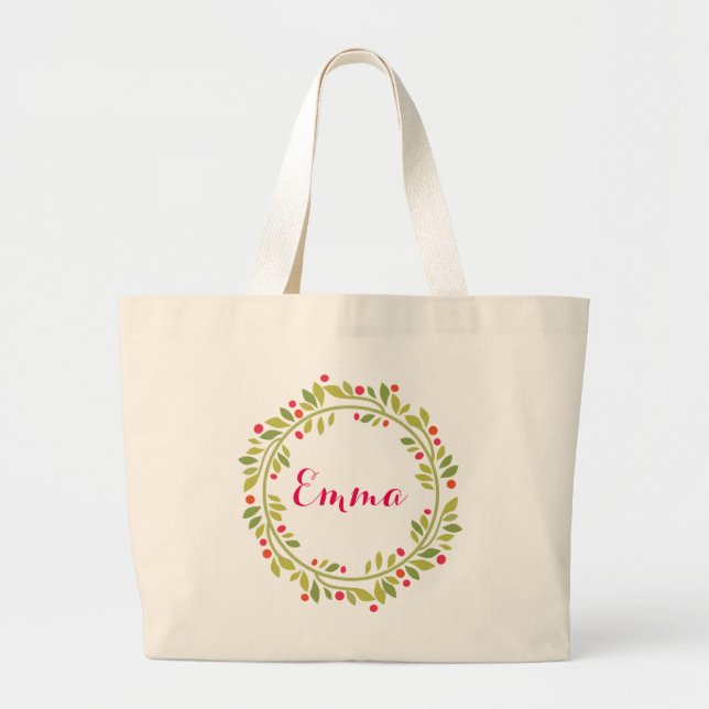 Bolsa Tote Grande Floral Wreath Bride Monograma Personalizado (Frente)