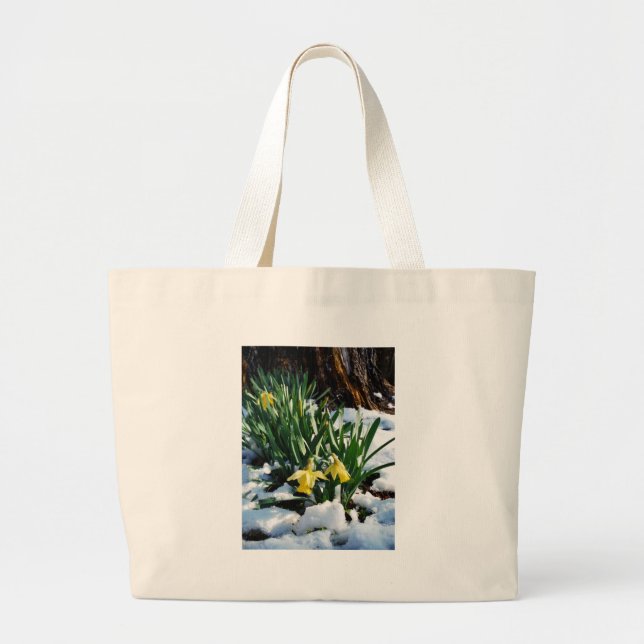 Bolsa Tote Grande Flores amarelas Daffodils na neve (Frente)