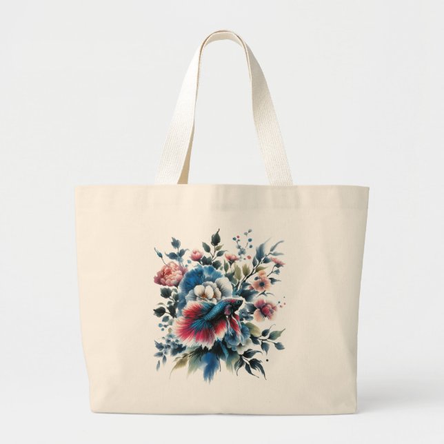 Bolsa Tote Grande Flores de estilo oriental e ecobag de peixes beta (Frente)