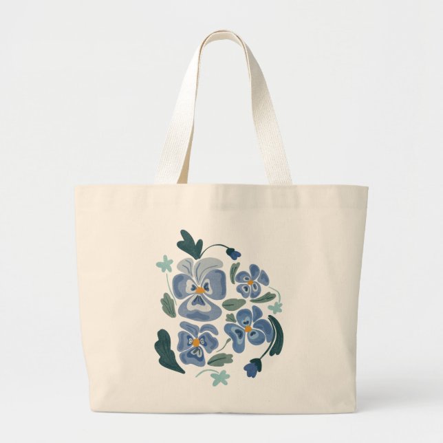 Bolsa Tote Grande Flores de Pansy Azul Pansias Estéticas (Frente)
