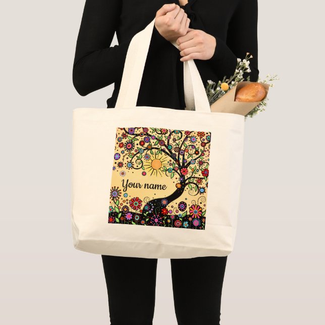 Bolsa Tote Grande Flores e Árvores Whimsical (Frente (produto))