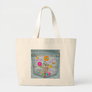 Bolsa Tote Grande Flores no Bolso Traseiro de Jeans Paz Amor Esperan