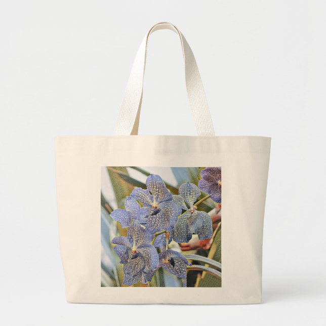 Bolsa Tote Grande Flores orquídeas de cor azul lavanda (Frente)