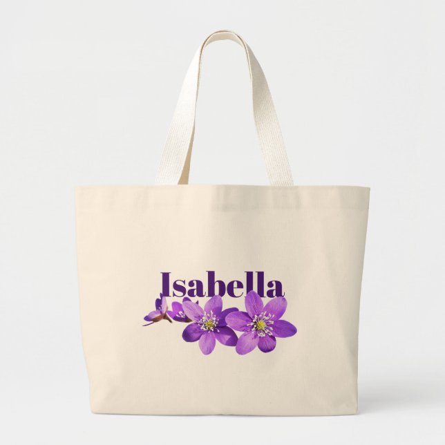 Bolsa Tote Grande Flores Roxos de Hepática Nome Personalizado (Frente)