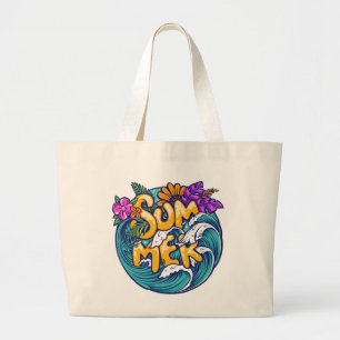 Bolsa Tote Grande Flores Tropicais de Verão Ondas de Oceano de Prai