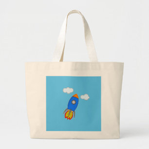 Bolsa Tote Grande Foguete Espacial do Cartoon no Céu Azul