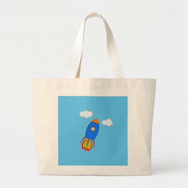 Bolsa Tote Grande Foguete Espacial do Cartoon no Céu Azul (Frente)