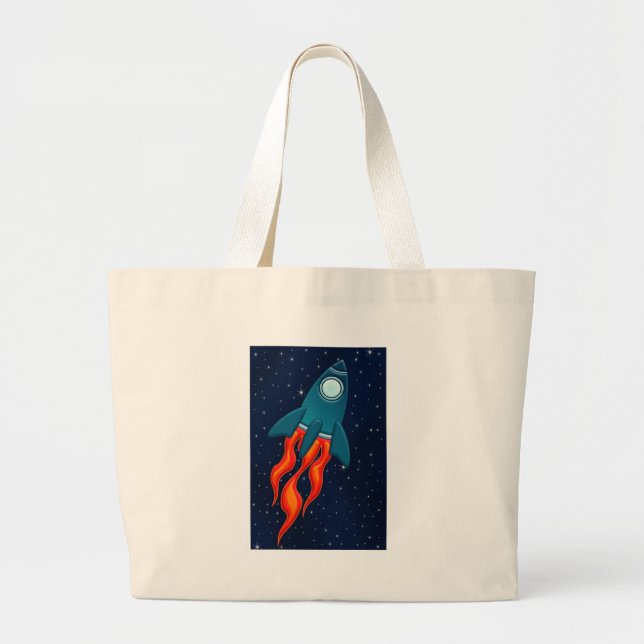 Bolsa Tote Grande Foguete Espacial Fofo e Design de Espaço Exterior (Frente)