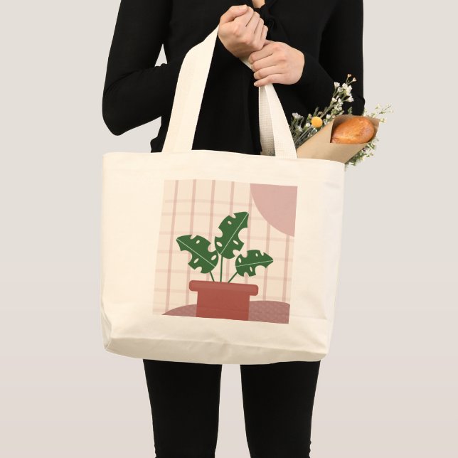Bolsa Tote Grande Folha de Monstera no Pote de Terracotta Potado (Frente (produto))