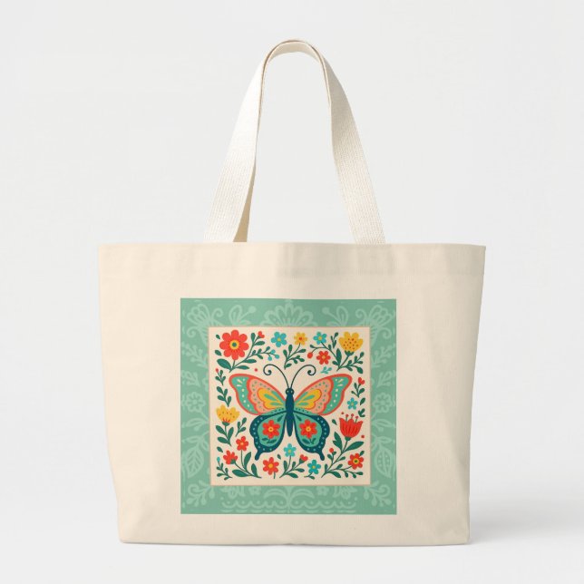 Bolsa Tote Grande Folk Art Butterfly Tote Bag (Frente)