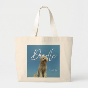 Bolsa Tote Grande Foto Doodle Dog Nome Personalizado Céu Azul