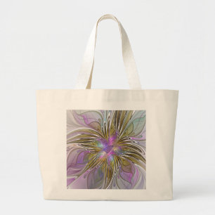 Bolsa Tote Grande Fractal Abstrato Colorida Floral, Rosa E Dourada
