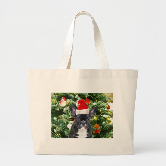 Bolsa Tote Grande Francês Bulldog Ornamento de Árvore de Natal Snowm (Frente)